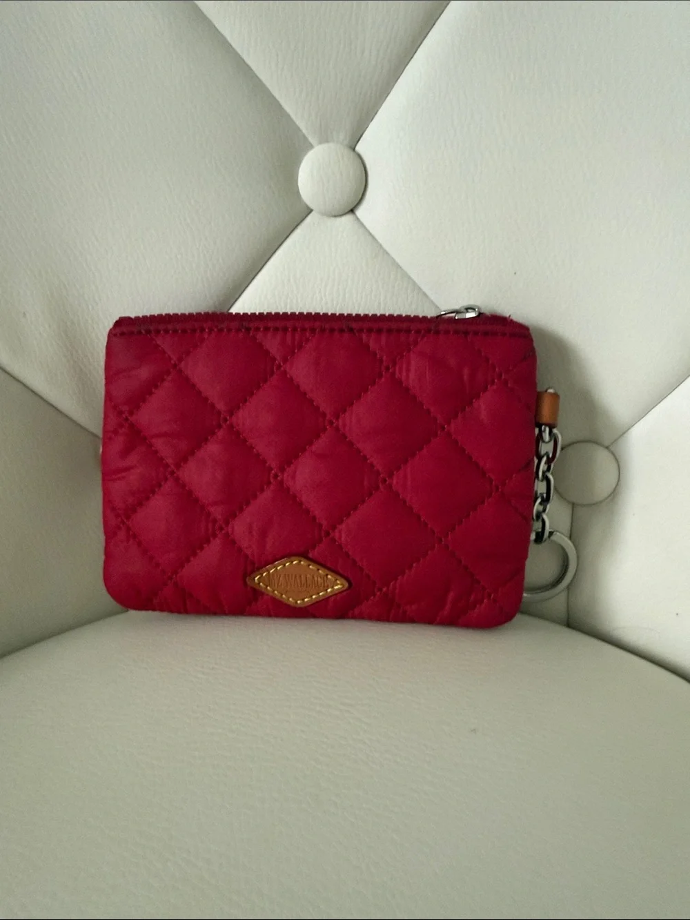 Mz Wallace Flat Metro Key Pouch Quilted Zip Card Case in Red Silver Accents